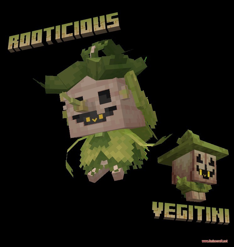 Mythic Fossil Fusions Data Pack (1.21.1) – Revive And Evolve Mythical Creatures 11 A green plant creature named rooticious floats next to a small vegitini
