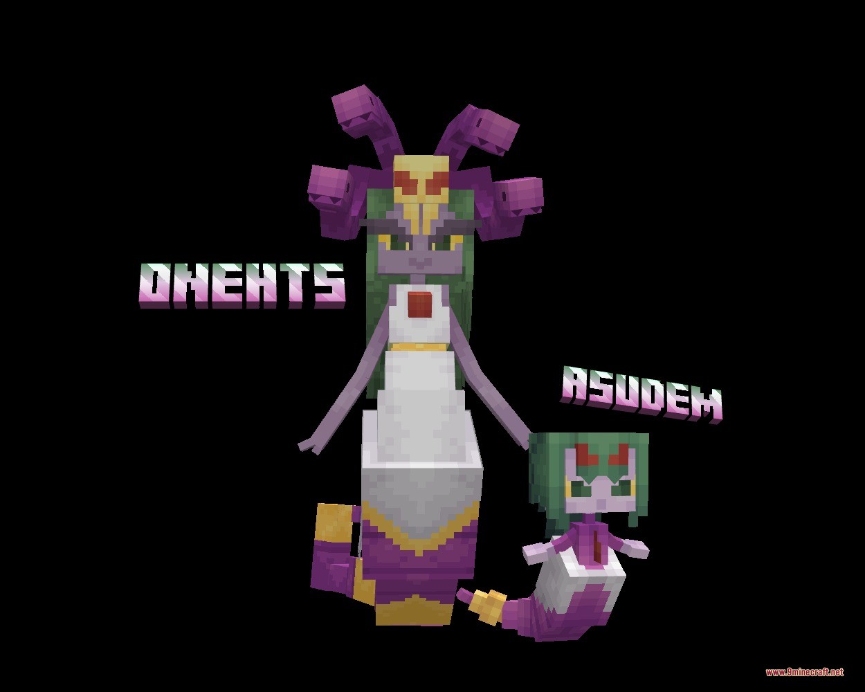 Mythic Fossil Fusions Data Pack (1.21.1) – Revive And Evolve Mythical Creatures 3 Two purple and green snake creatures named dnehts and asudem posing together