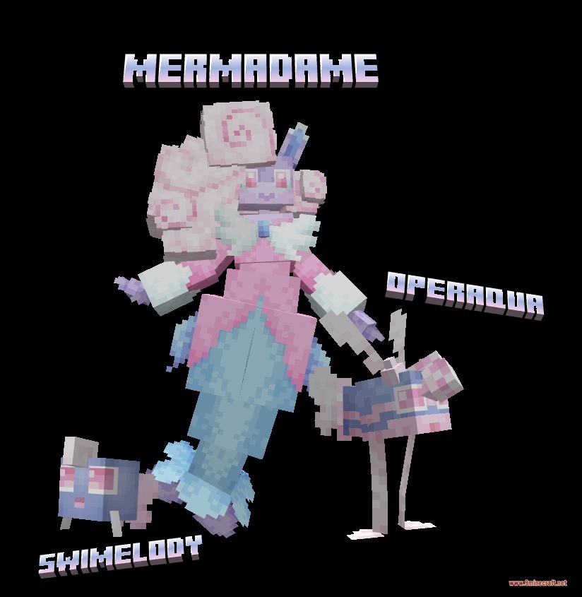 Mythic Fossil Fusions Data Pack (1.21.1) – Revive And Evolve Mythical Creatures 4 Three aquatic creatures named swimelody operaqua and mermadame showing their evolution stages