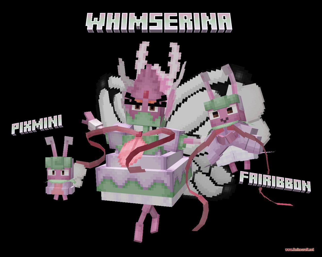 Mythic Fossil Fusions Data Pack (1.21.1) – Revive And Evolve Mythical Creatures 5 Three fairy creatures named pixmini fairibbon and whimserina showing their evolution stages