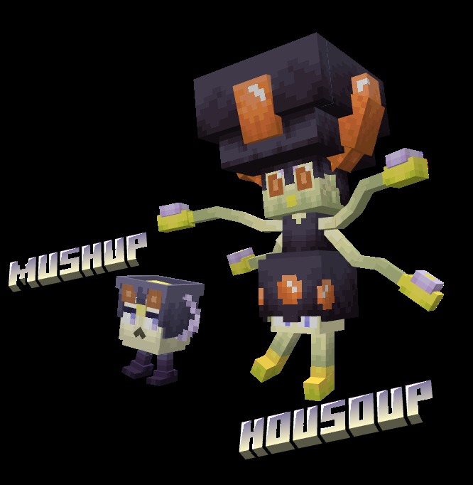 Mythic Fossil Fusions Data Pack (1.21.1) – Revive And Evolve Mythical Creatures 7 Two soup creatures named mushup and housoup standing against a black background