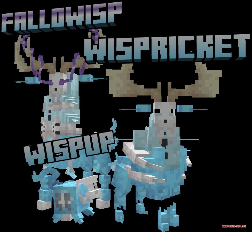 Mythic Fossil Fusions Data Pack (1.21.1) – Revive And Evolve Mythical Creatures 8 Three blue icy deer creatures named wispup wispricket and fallowisp standing