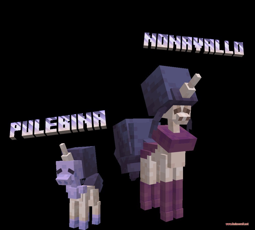 Mythic Fossil Fusions Data Pack (1.21.1) – Revive And Evolve Mythical Creatures 9 Two purple and white unicorn creatures named pulebina and nonavallo standing