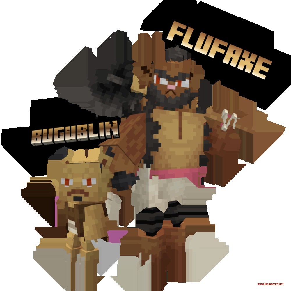 Mythic Fossil Fusions Data Pack (1.21.1) – Revive And Evolve Mythical Creatures 10 A large brown flufaxe creature with an axe stands next to bugublin