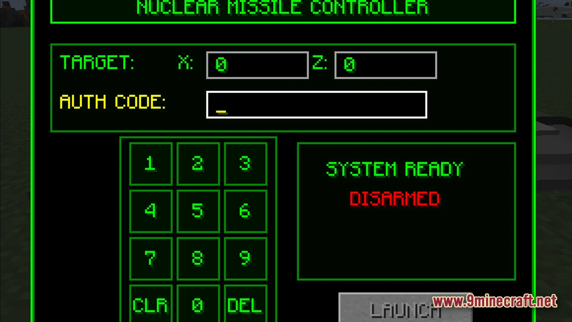 A nuclear missile controller interface with coordinate inputs, an authorization code field, and a keypad