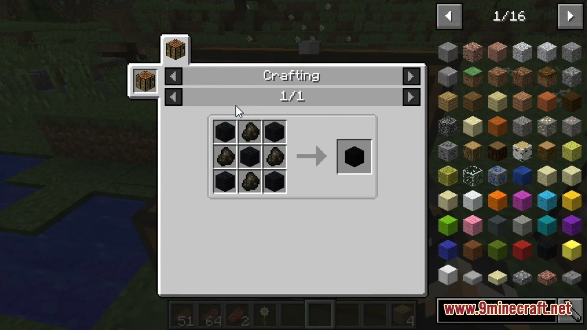 A crafting recipe interface displays the materials required to create a solid black block