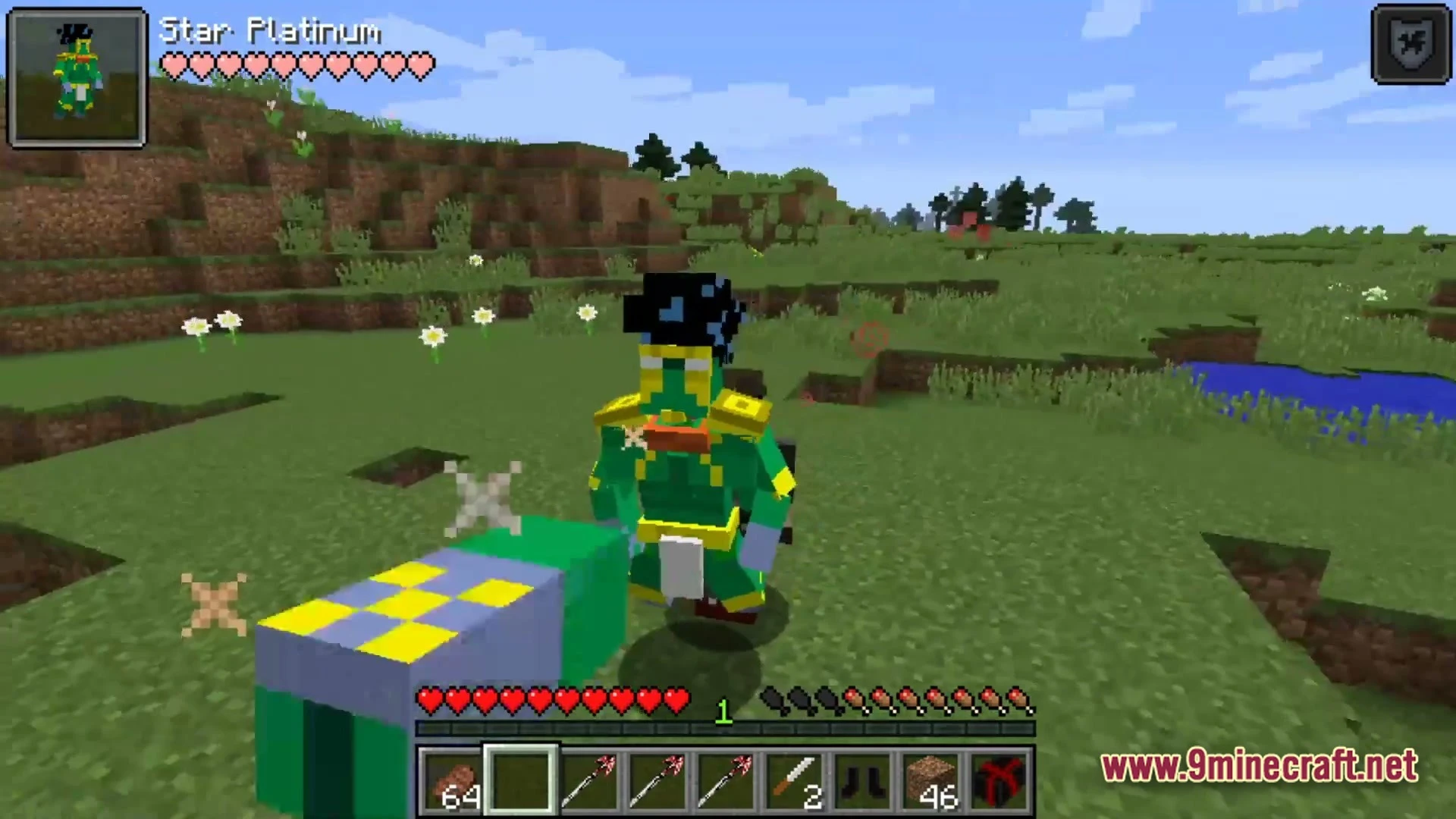 A player character summons the star platinum stand in a grassy minecraft plains biome