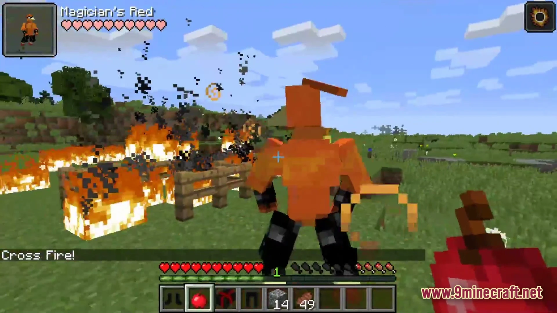 A player uses the magician's red stand to cast fire abilities in a grassy plains biome