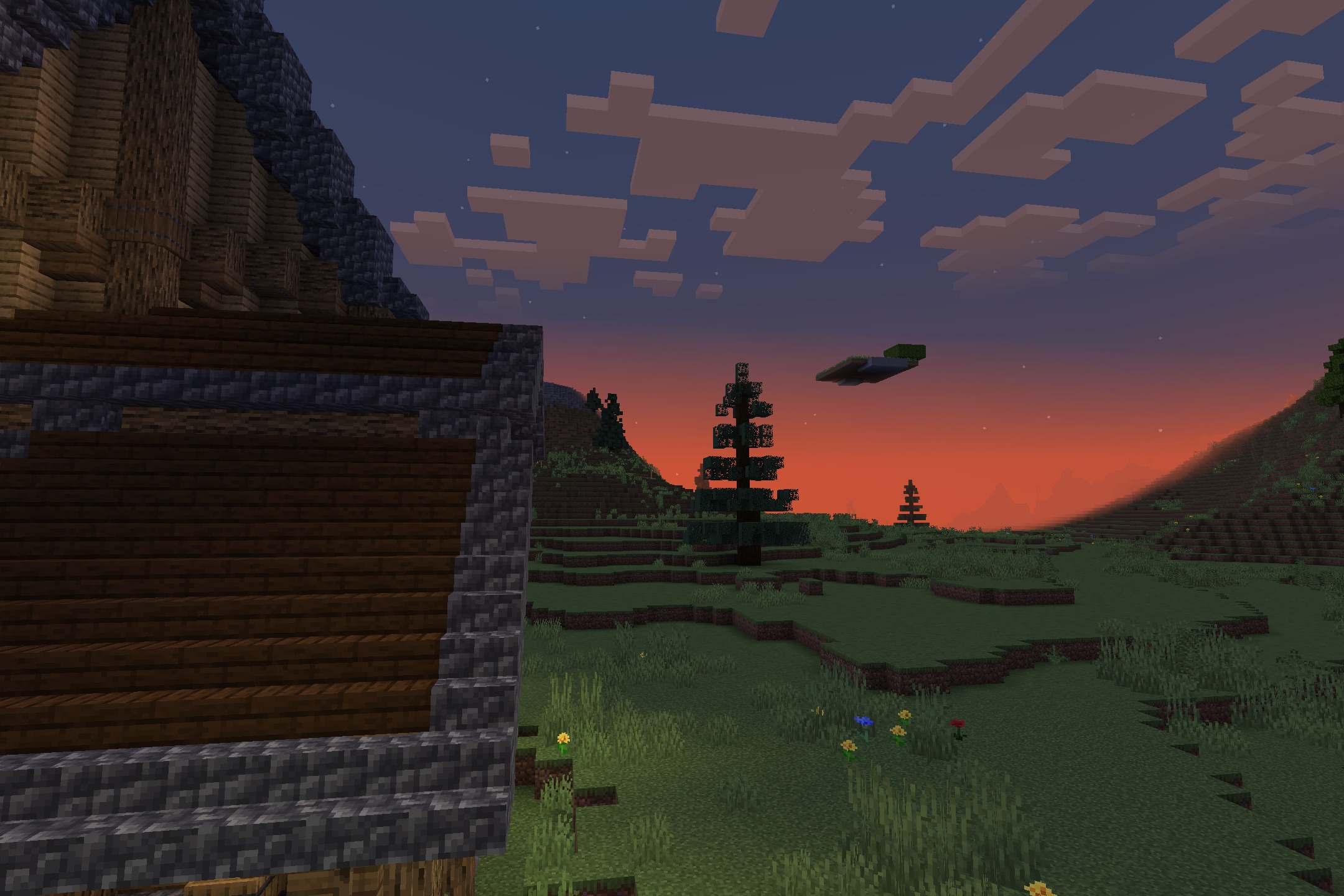 Poly Smooth Vanilla Resource Pack (26.1.2) – Clean 3D Models For Classic Worlds 11 Spruce trees in a grassy field during a colorful sunset in minecraft