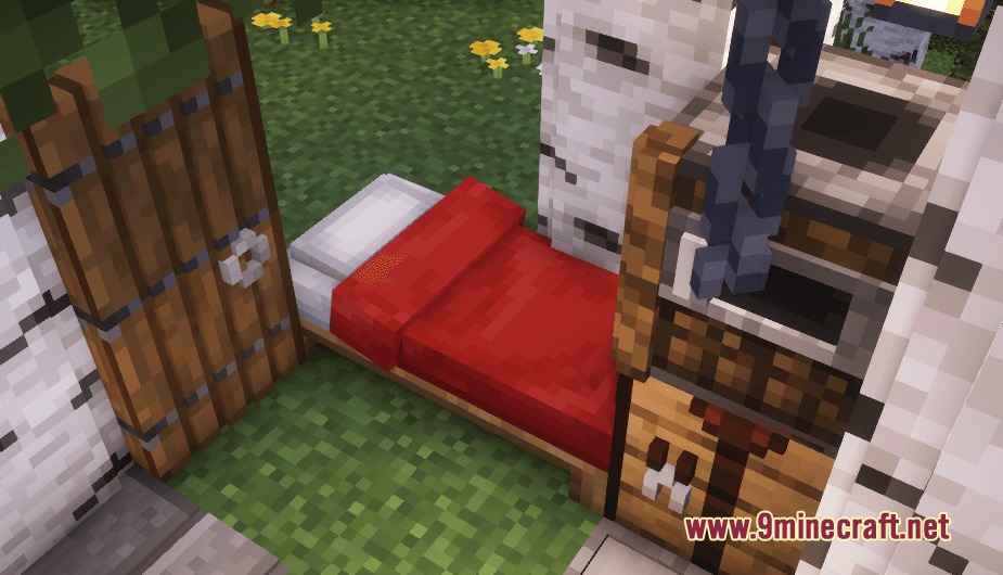 Poly Smooth Vanilla Resource Pack (26.1.2) – Clean 3D Models For Classic Worlds 4 Red bed with enhanced 3d model inside a small birch wood house interior