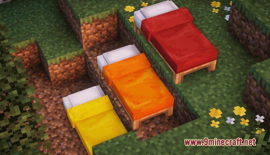 Poly Smooth Vanilla Resource Pack (26.1.2) – Clean 3D Models For Classic Worlds 5 Three colorful beds with 3d models placed on different levels of grass blocks