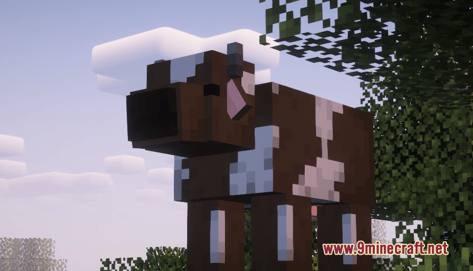 Poly Smooth Vanilla Resource Pack (26.1.2) – Clean 3D Models For Classic Worlds 6 A brown and white cow with detailed 3d features standing near a tree
