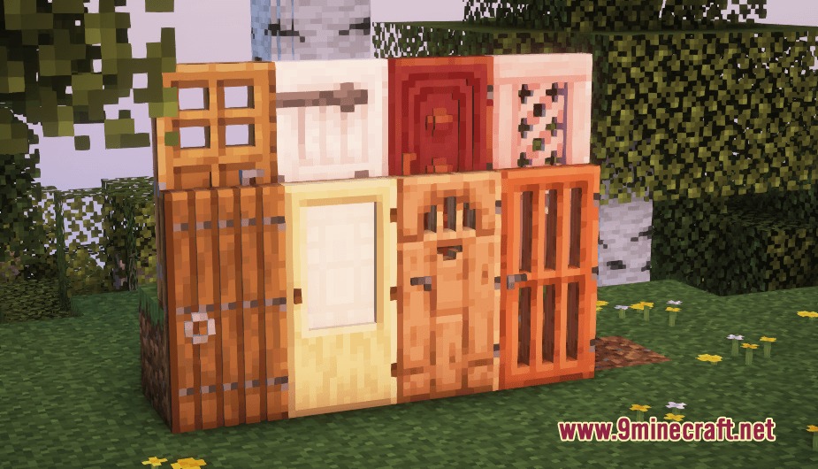 Poly Smooth Vanilla Resource Pack (26.1.2) – Clean 3D Models For Classic Worlds 7 Various wooden doors and trapdoors with enhanced 3d models displayed on grass