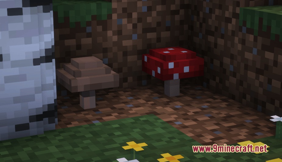 Poly Smooth Vanilla Resource Pack (26.1.2) – Clean 3D Models For Classic Worlds 9 Brown and red mushrooms with detailed 3d shapes on the forest floor