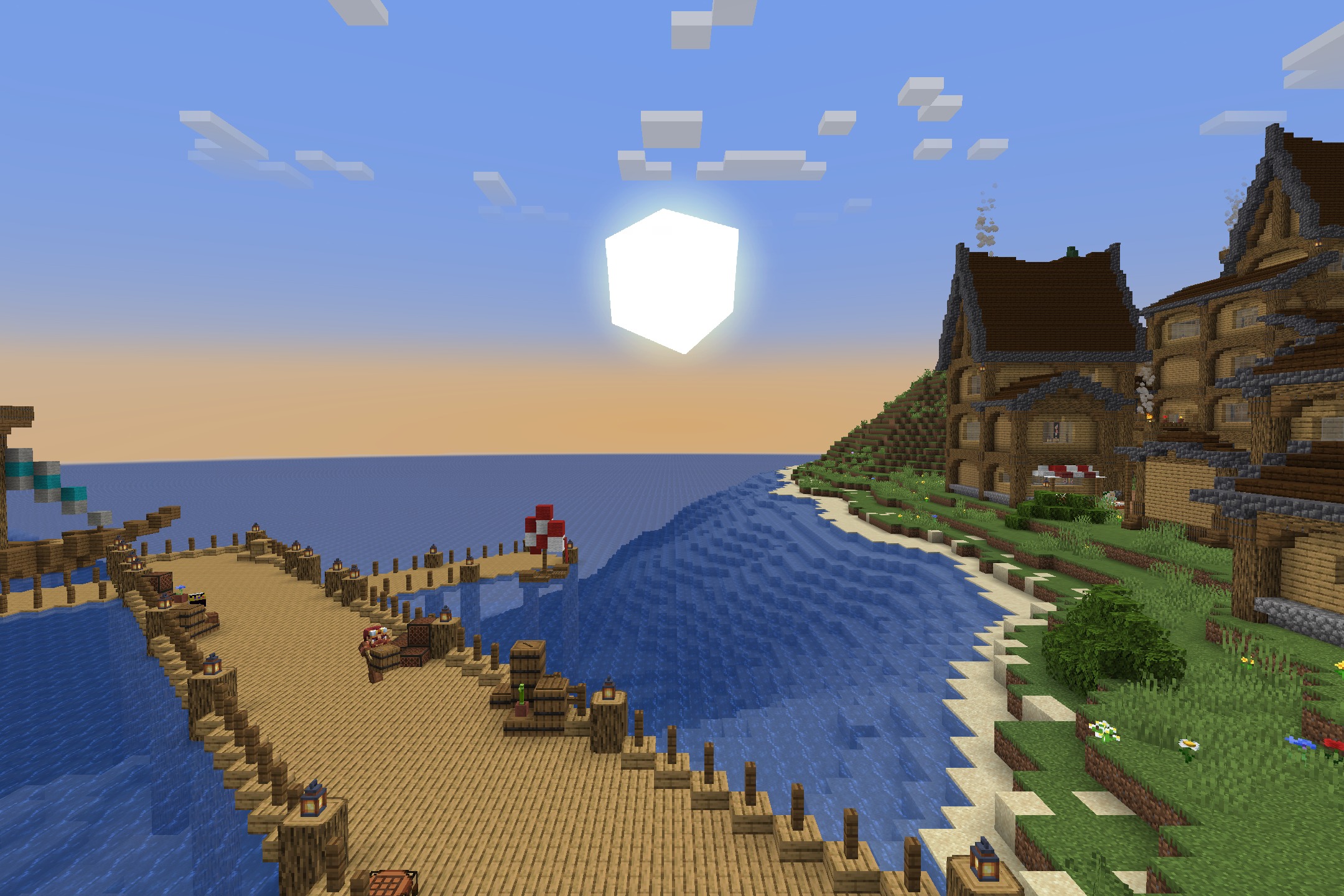 Poly Smooth Vanilla Resource Pack (26.1.2) – Clean 3D Models For Classic Worlds 10 A wooden pier extends into the water next to a large coastal building