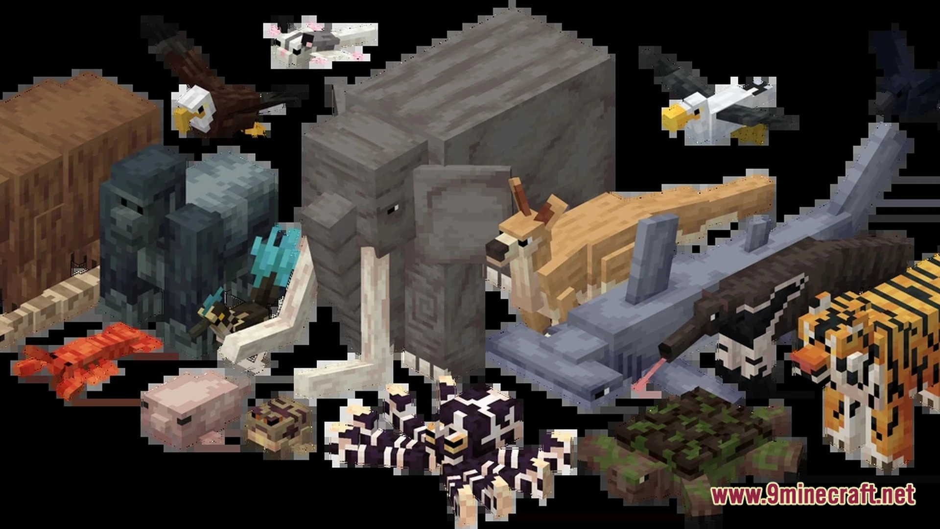 A collection of diverse animal mobs including an elephant, tiger, gorilla, and hammerhead shark