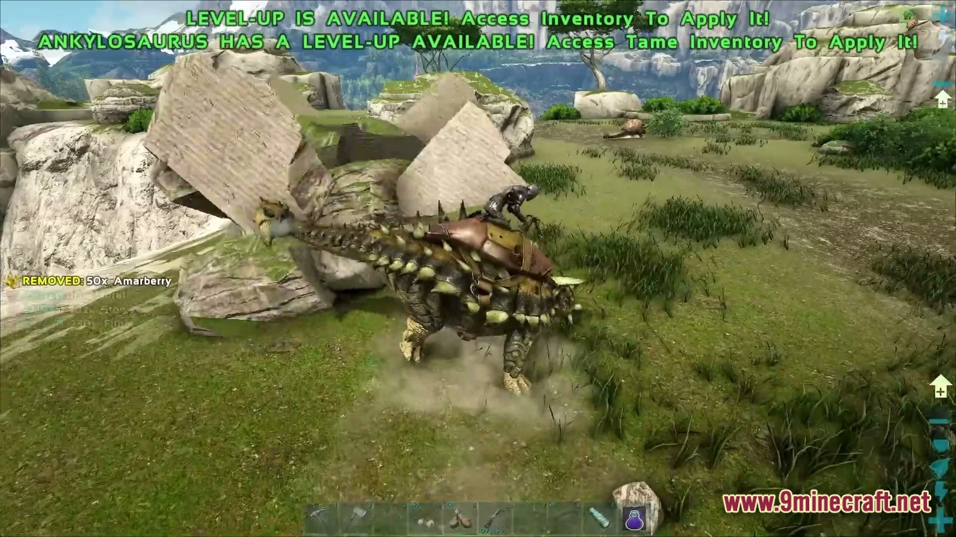 A player rides a saddled ankylosaurus while harvesting resources in a rocky, grassy mountain biome