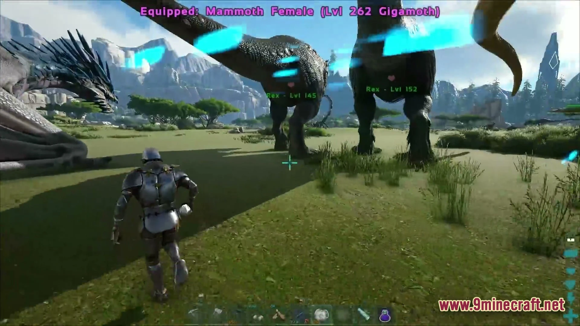 A player in plate armor approaches tamed tyrannosaurus rexes and a dragon in an open field