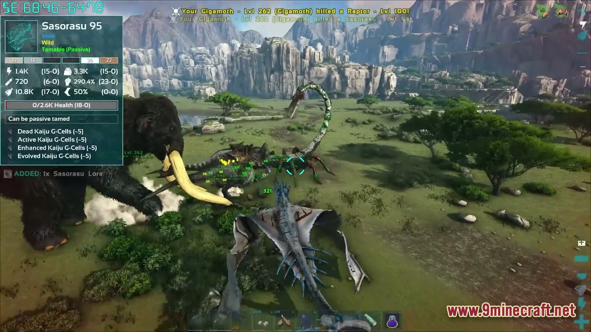 A player flies a winged creature over a battle between a mammoth and a giant scorpion