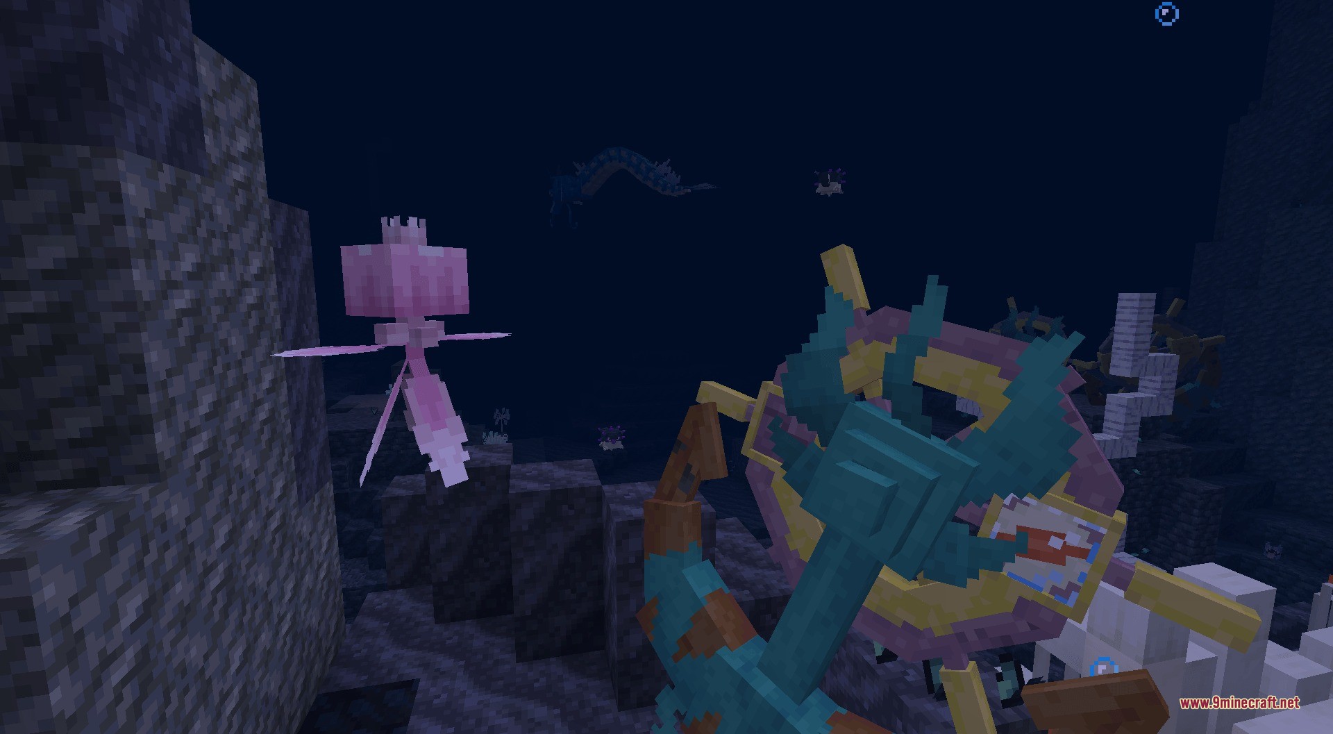 Player explores the abyssal chasm with a trident near a pink jellyfish creature