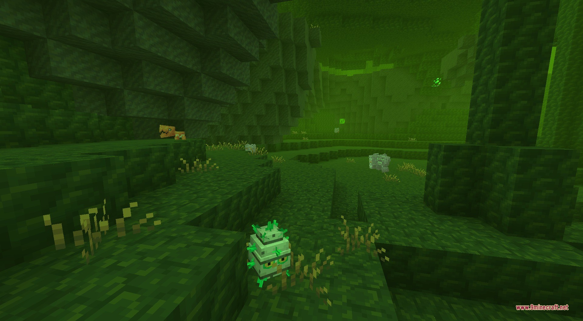 A spiky green creature spawns in the radioactive fog of the toxic caves