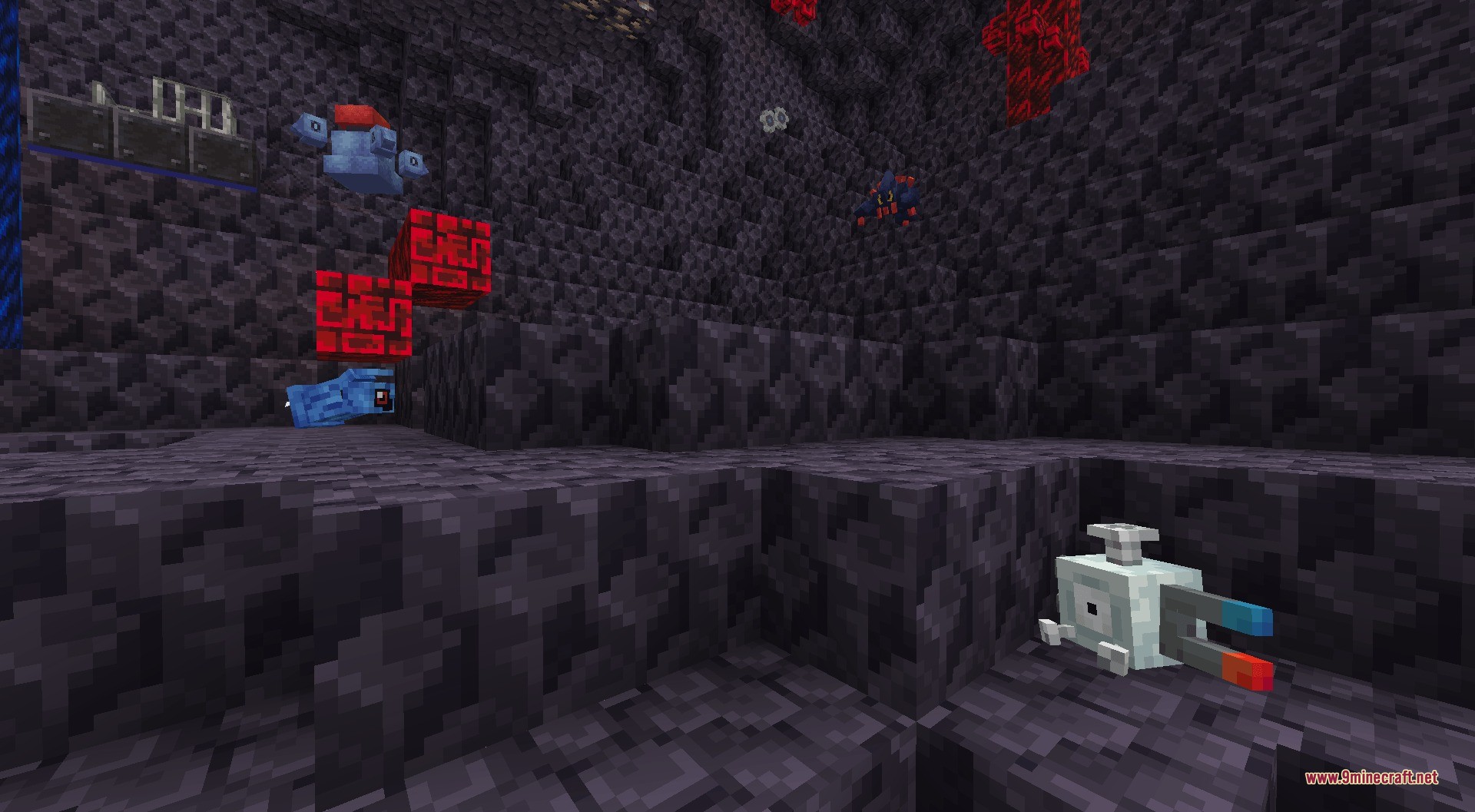 Magnemite and beldum floating in a dark magnetic cave with rocky walls