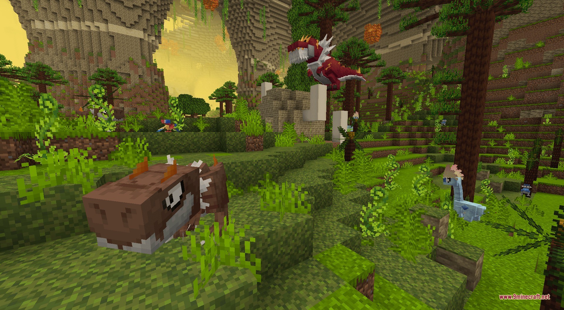 Ancient fossil monsters like tyrantrum and bastiodon roaming through a lush jungle cave