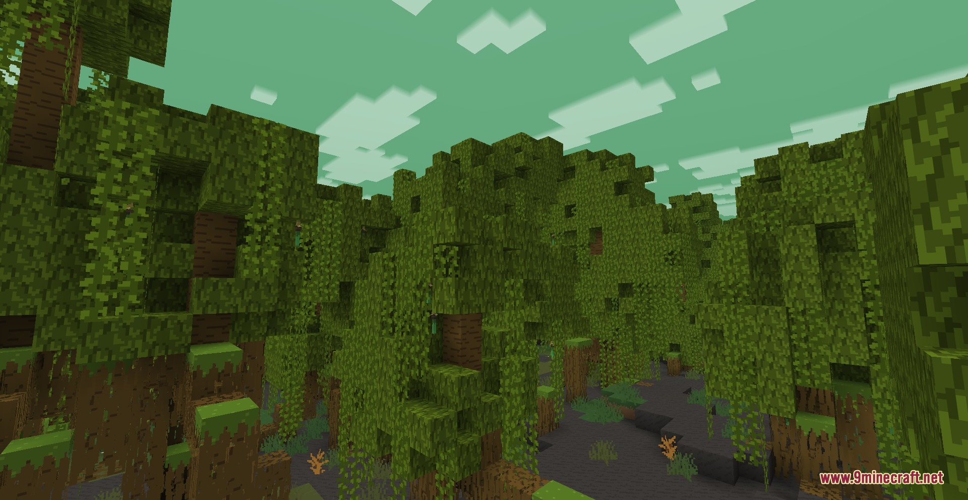 Lush green jungle with thick vines and a vibrant emerald green sky