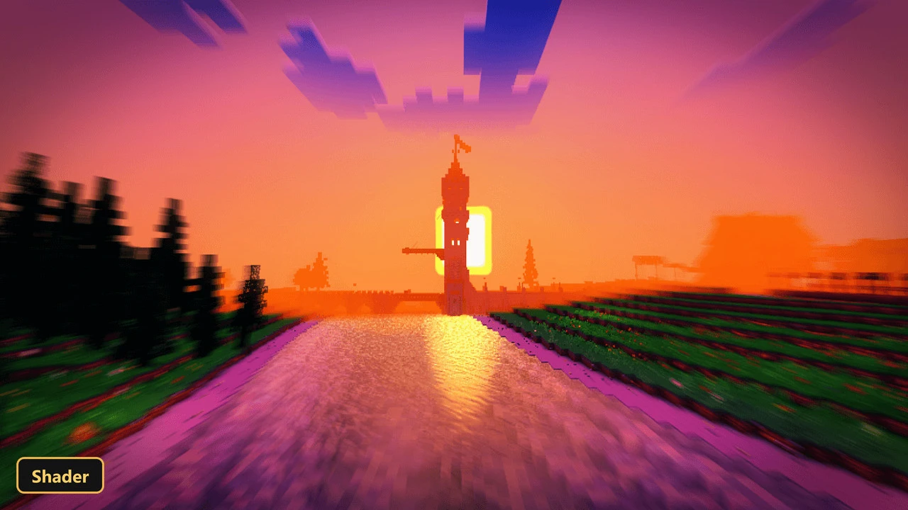 R135 Vaimagined Shader Vanilla Reimagined Shader Support Minecraft Be + (26+, 1.21) – Mcpe/Bedrock Shader 2 River with vibrant sunset reflection, distant tower, trees, motion blur effect