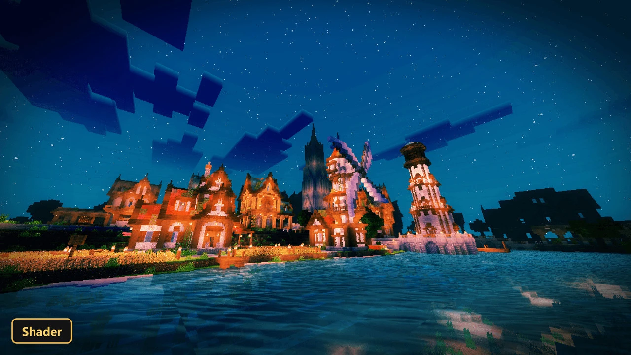 R135 Vaimagined Shader Vanilla Reimagined Shader Support Minecraft Be + (26+, 1.21) – Mcpe/Bedrock Shader 3 Fantasy town at night, illuminated buildings, lighthouse, starry sky, calm water
