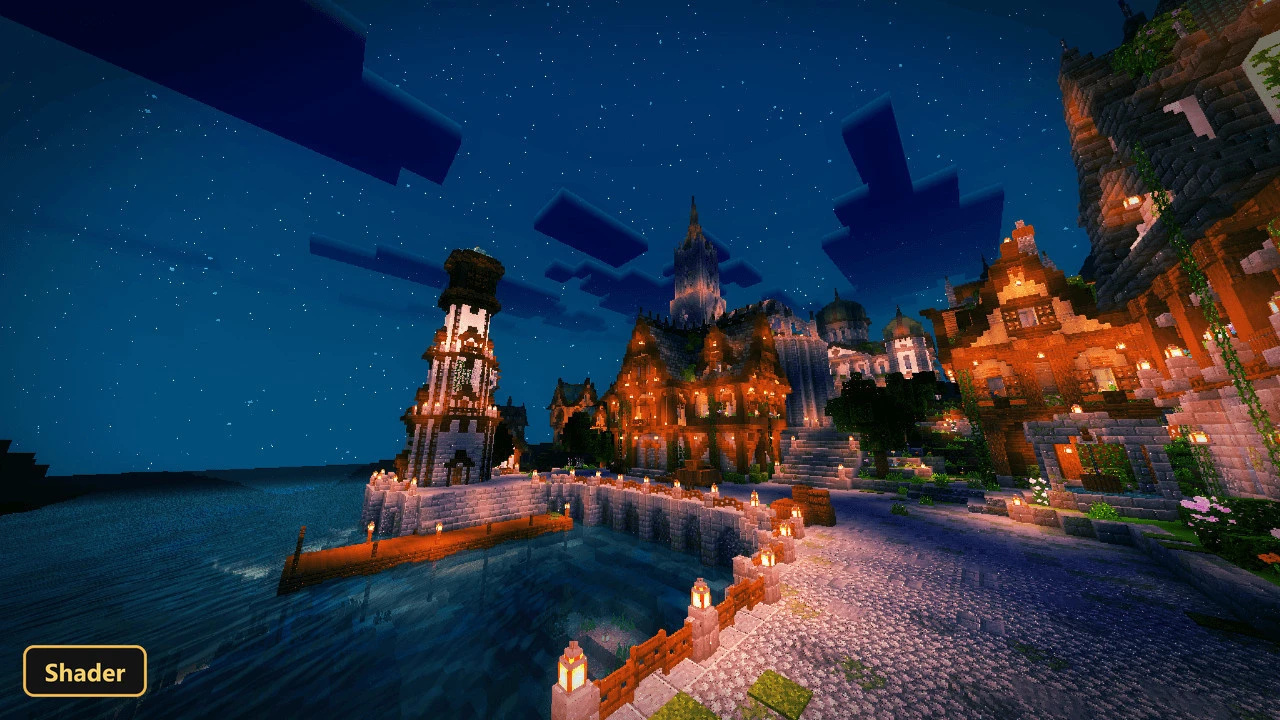 R135 Vaimagined Shader Vanilla Reimagined Shader Support Minecraft Be + (26+, 1.21) – Mcpe/Bedrock Shader 4 Fantasy town at night, illuminated buildings, lighthouse, cobblestone path, calm water