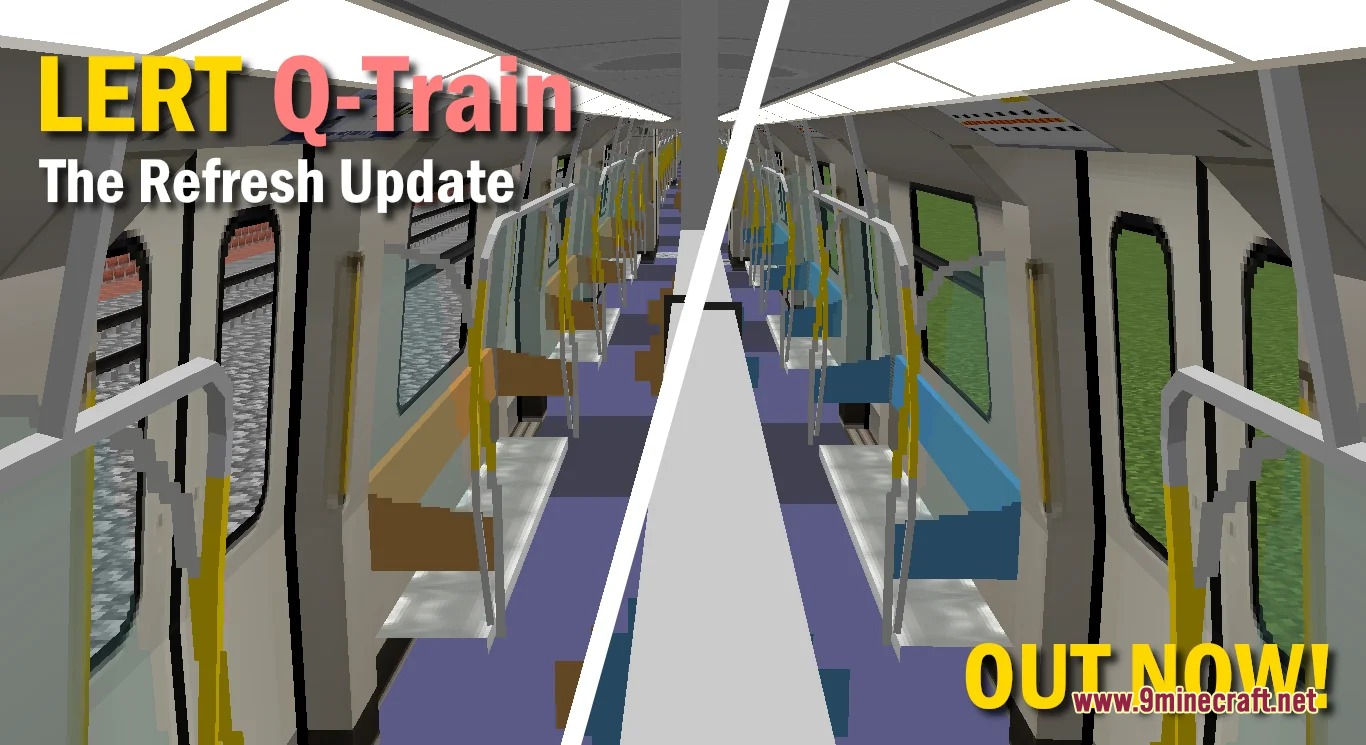 Rapid Transit Draft Resource Pack (1.20.1) – Realistic Metro Cars For City Rails 3 The interior of a train car with blue and yellow passenger seats