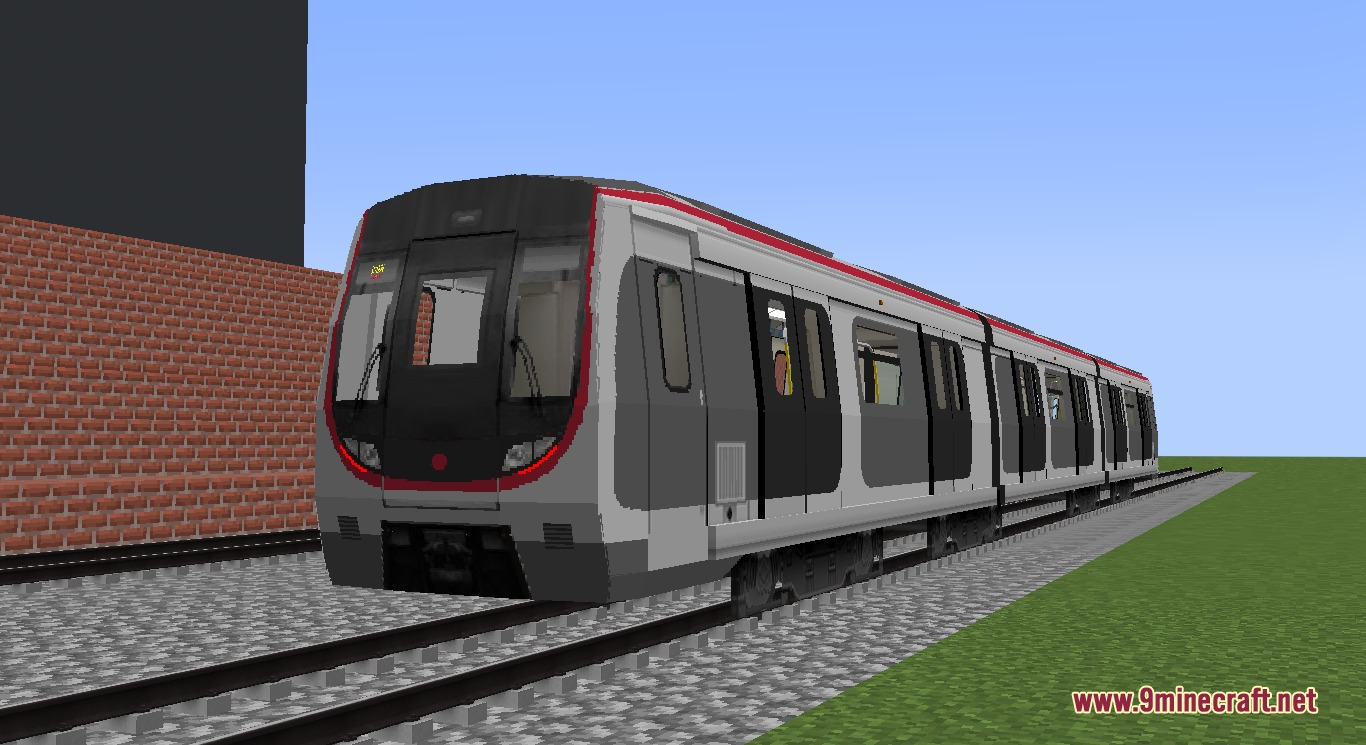 Rapid Transit Draft Resource Pack (1.20.1) – Realistic Metro Cars For City Rails 6 A detailed q-train model parked on a railway track in minecraft