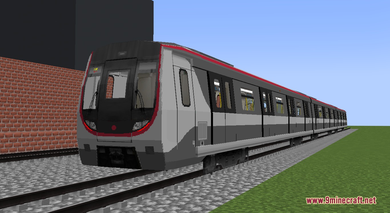 Rapid Transit Draft Resource Pack (1.20.1) – Realistic Metro Cars For City Rails 8 A detailed q-train model parked on a railway track in minecraft