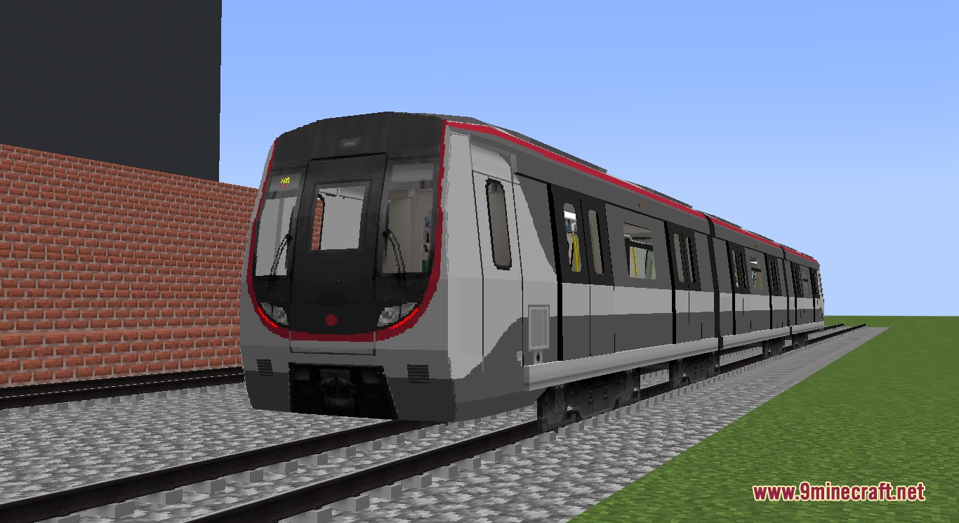Rapid Transit Draft Resource Pack (1.20.1) – Realistic Metro Cars For City Rails 9 A long grey and red metro train on a gravel track
