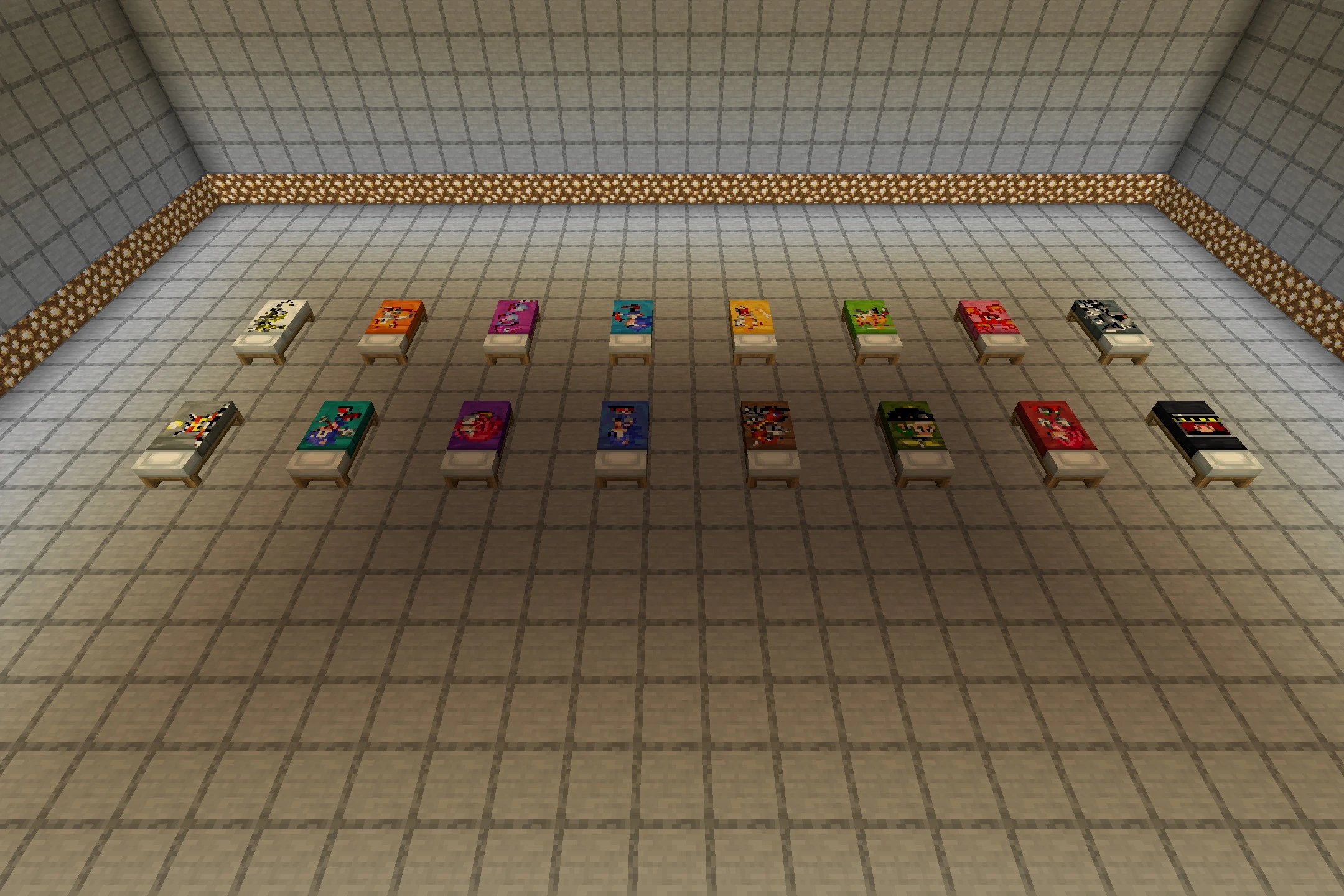 Sonic The Hedgehog Beds Resource Pack (26.3, 1.20.1) – Classic Sonic Pixel Art 2 A room filled with colorful beds featuring classic sonic character pixel art