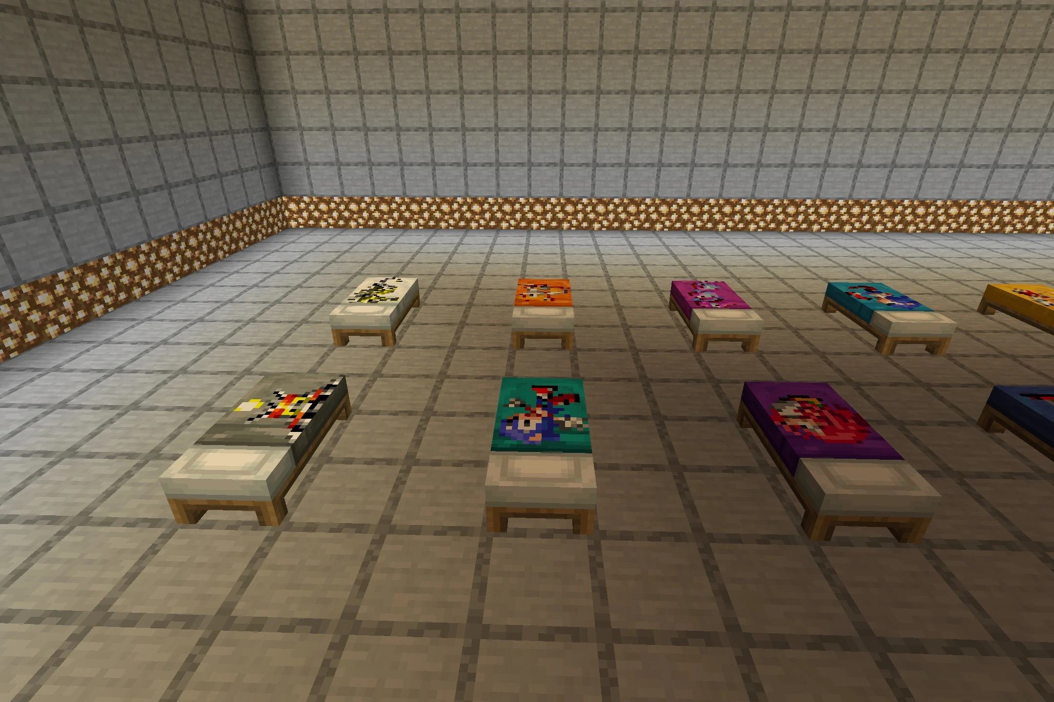 Sonic The Hedgehog Beds Resource Pack (26.3, 1.20.1) – Classic Sonic Pixel Art 3 Close view of beds decorated with retro sonic and tails character sprites