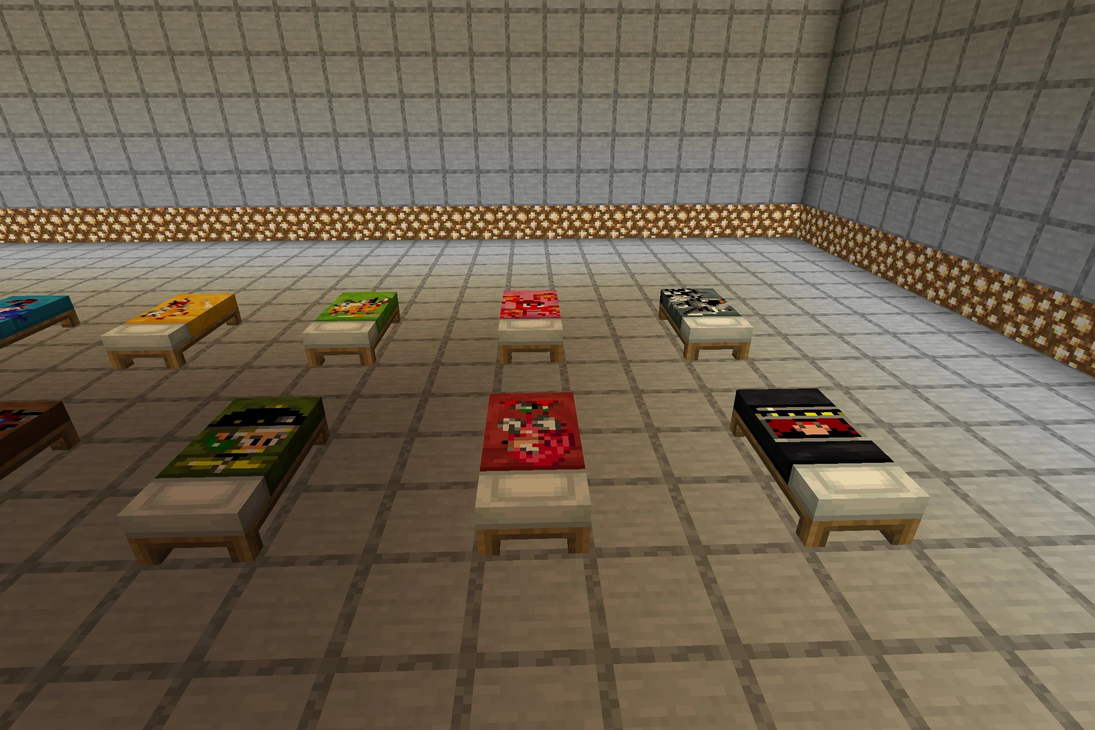 Sonic The Hedgehog Beds Resource Pack (26.3, 1.20.1) – Classic Sonic Pixel Art 4 Multiple beds in a room featuring various sonic character textures