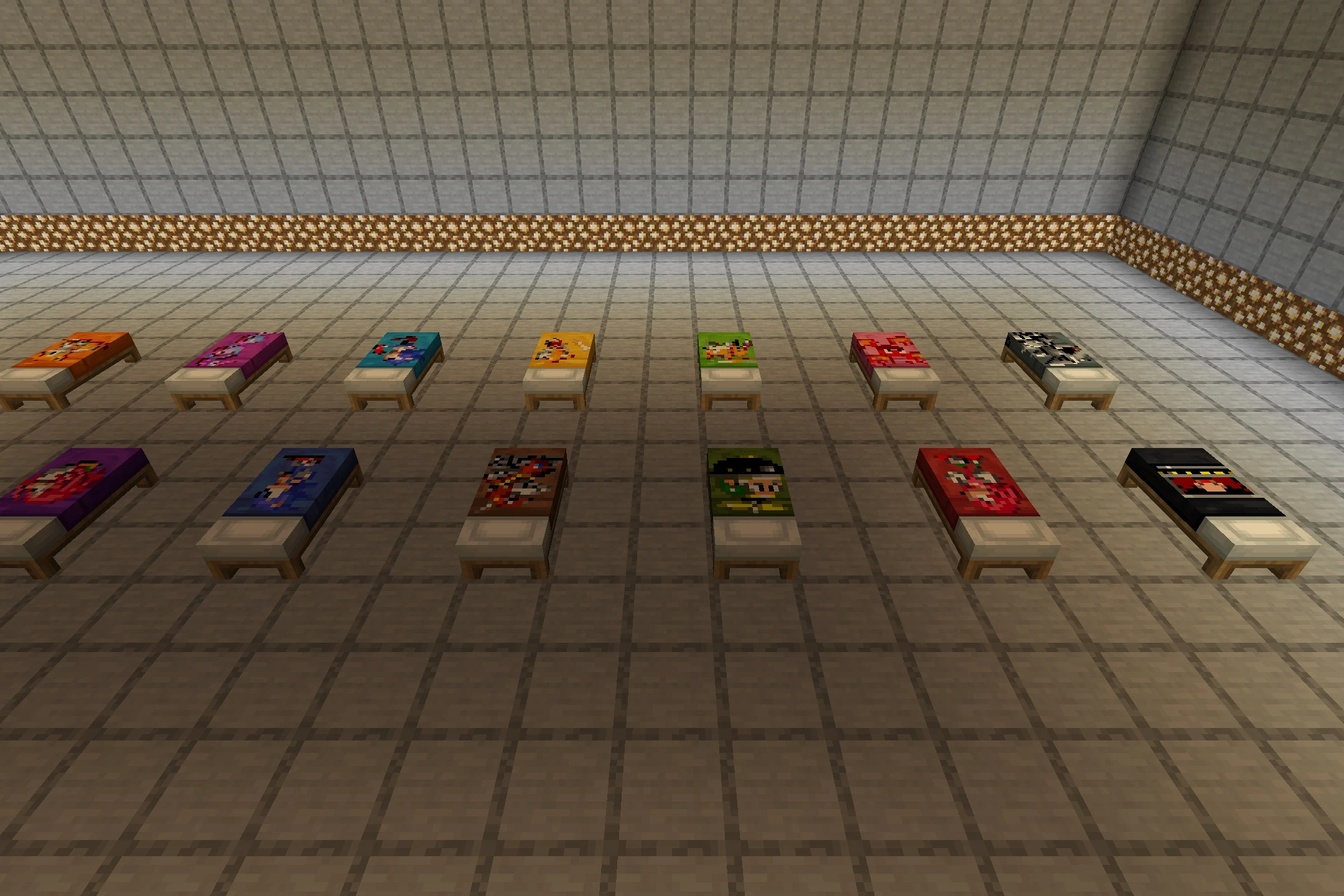 Sonic The Hedgehog Beds Resource Pack (26.3, 1.20.1) – Classic Sonic Pixel Art 9 Multiple beds displaying various classic sonic character designs in a room