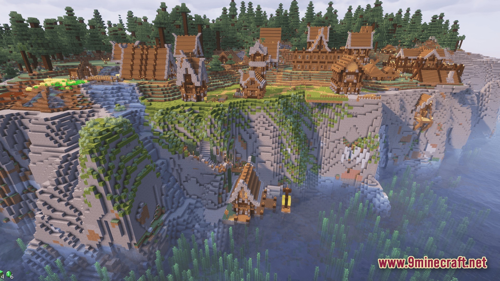 Sovereign Skies Quest Modpack (1.20.3) – Build Towns And Complete Quests 2 A wooden village settlement built on a grassy cliffside overlooking a body of water