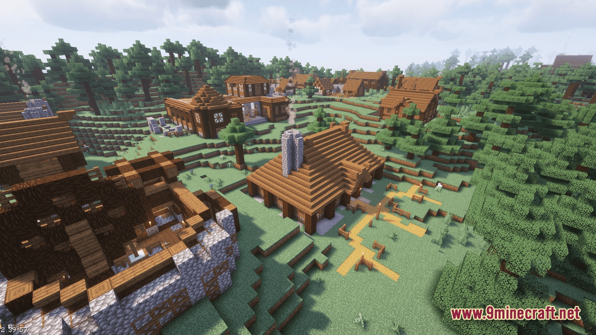 Sovereign Skies Quest Modpack (1.20.3) – Build Towns And Complete Quests 4 A sprawling village of wooden and stone houses situated within a dense evergreen forest biome