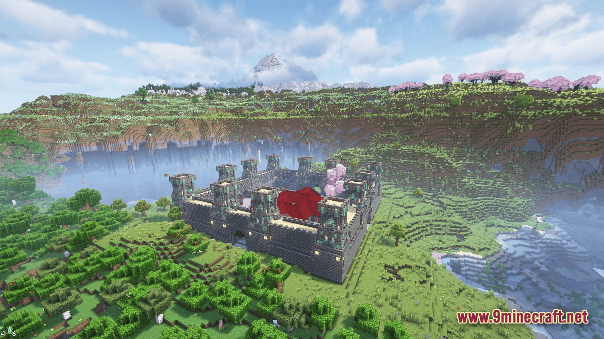Sovereign Skies Quest Modpack (1.20.3) – Build Towns And Complete Quests 5 A stone fortress with a red roof sits in a valley near a large floating island