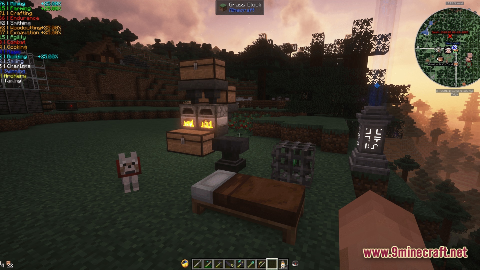 Sovereign Skies Quest Modpack (1.20.3) – Build Towns And Complete Quests 6 A tamed wolf stands near a bed, furnaces, and a waystone in a taiga biome