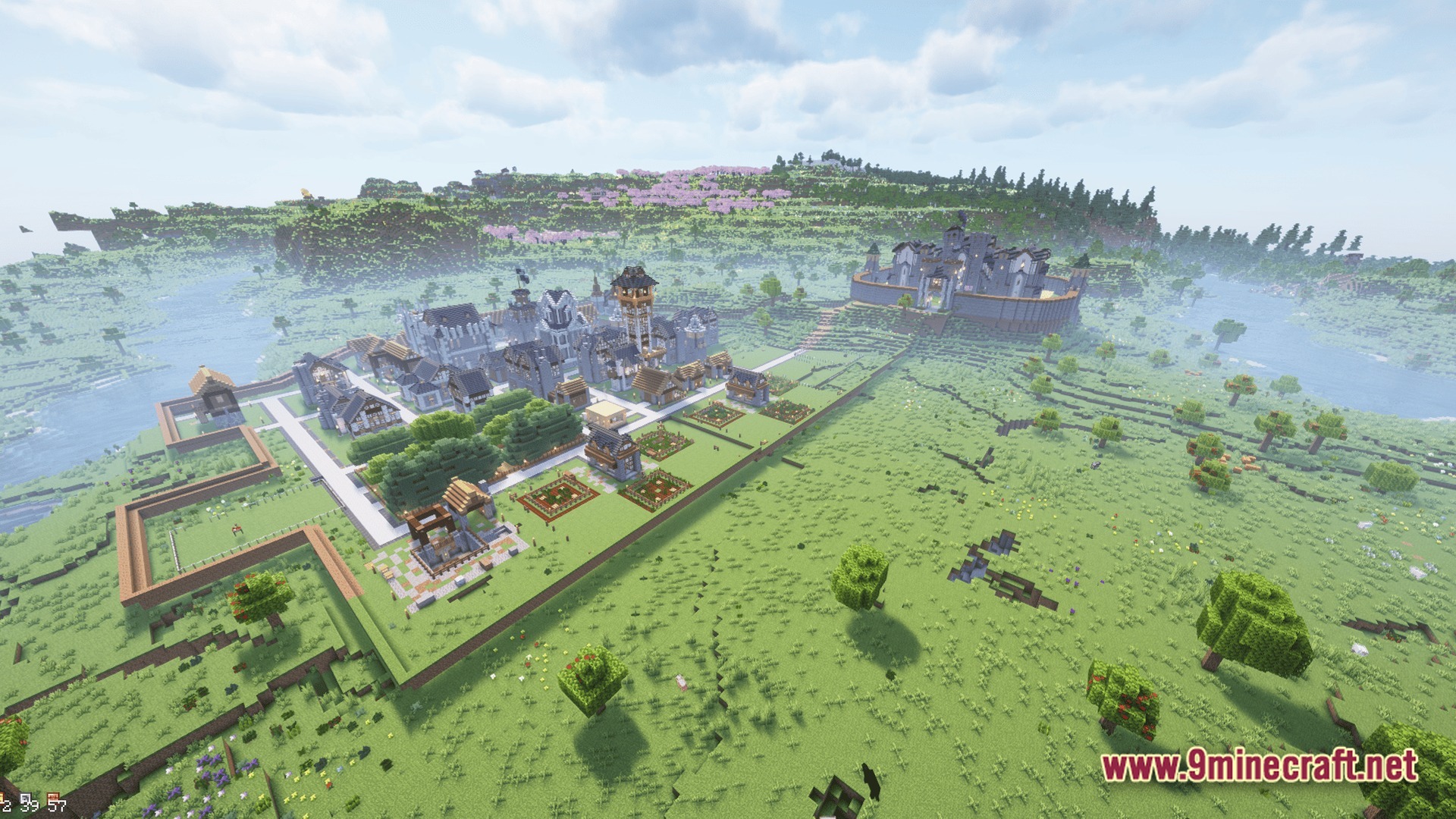 Sovereign Skies Quest Modpack (1.20.3) – Build Towns And Complete Quests 7 A sprawling medieval stone city and fortified castle overlook a vast green plains biome