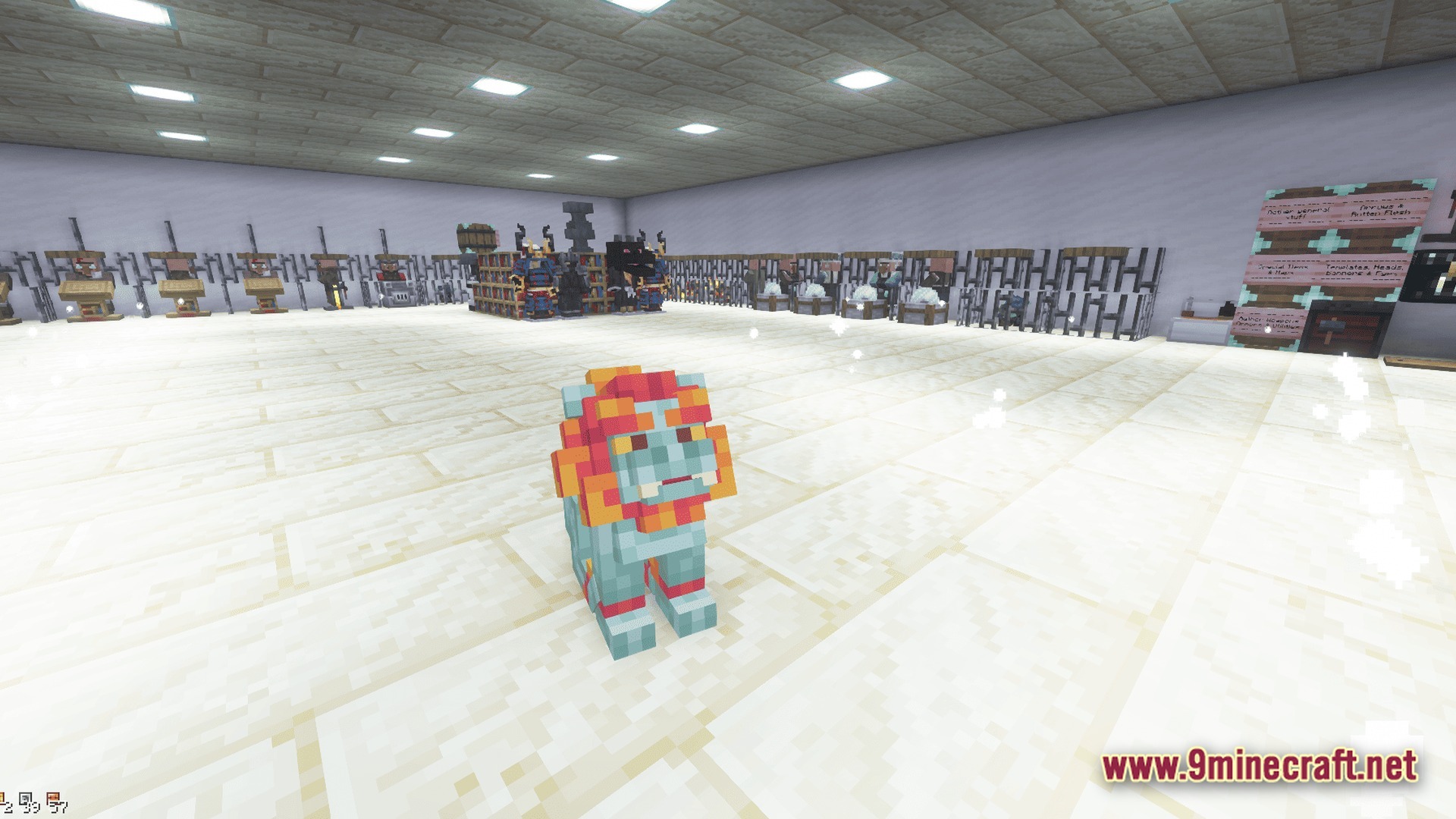 Sovereign Skies Quest Modpack (1.20.3) – Build Towns And Complete Quests 8 A colorful guardian statue stands in a white room filled with villager trading stalls and workstations