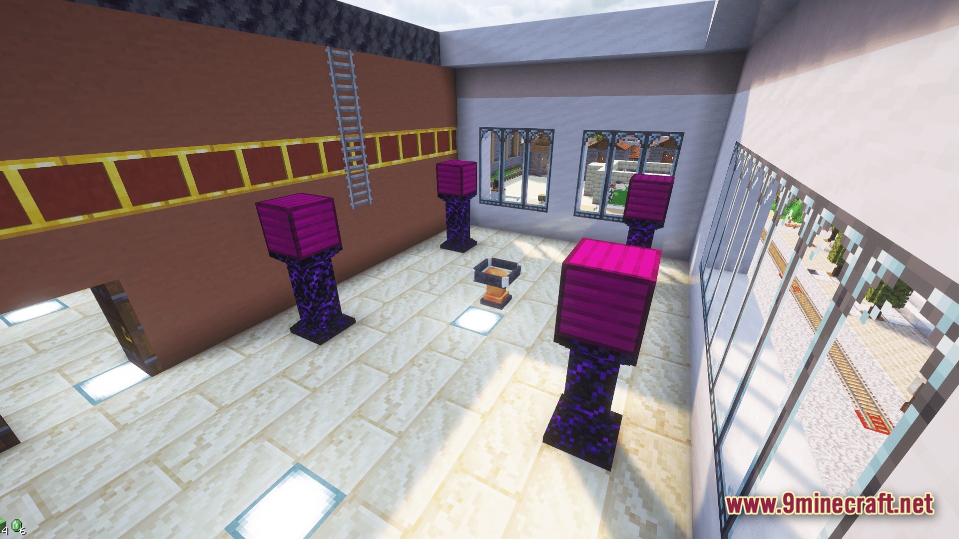 Sovereign Skies Quest Modpack (1.20.3) – Build Towns And Complete Quests 9 Four purple pedestals surround a central crafting altar inside a modern building with large windows