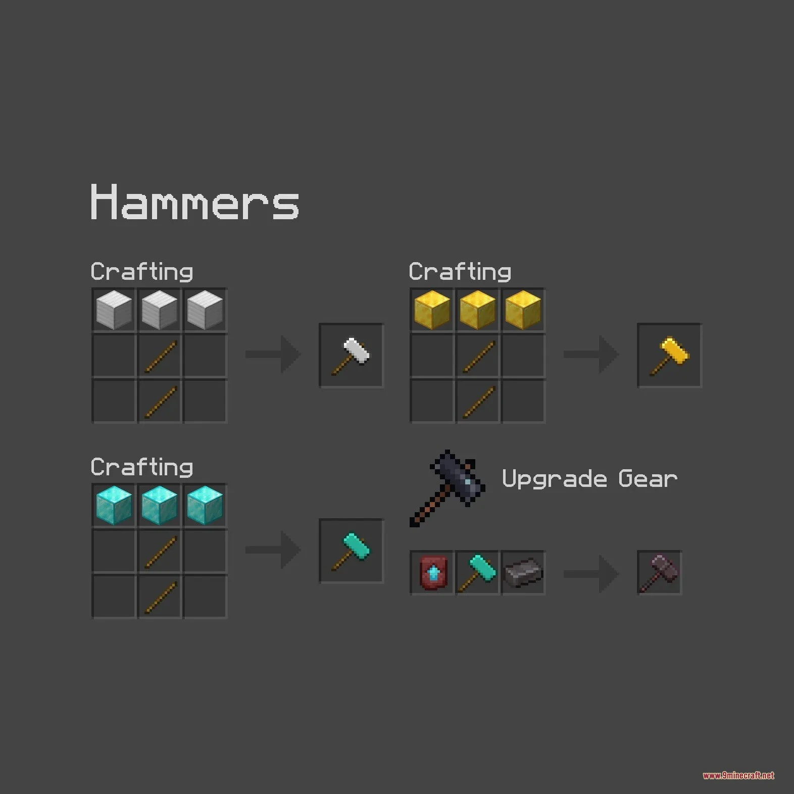 Crafting recipes for tectonic widebore hammers including iron gold diamond and netherite tiers