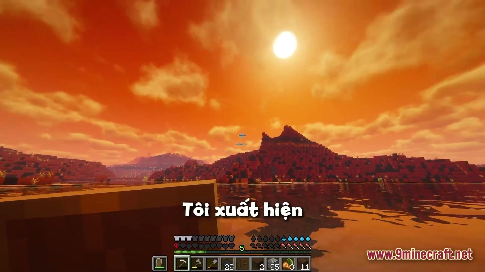 Titan Questline Apex Modpack (1.21.1) – Scorching Sun Hardcore Survival 4 A player navigates a boat across a lake toward red mountains under a bright orange sunset
