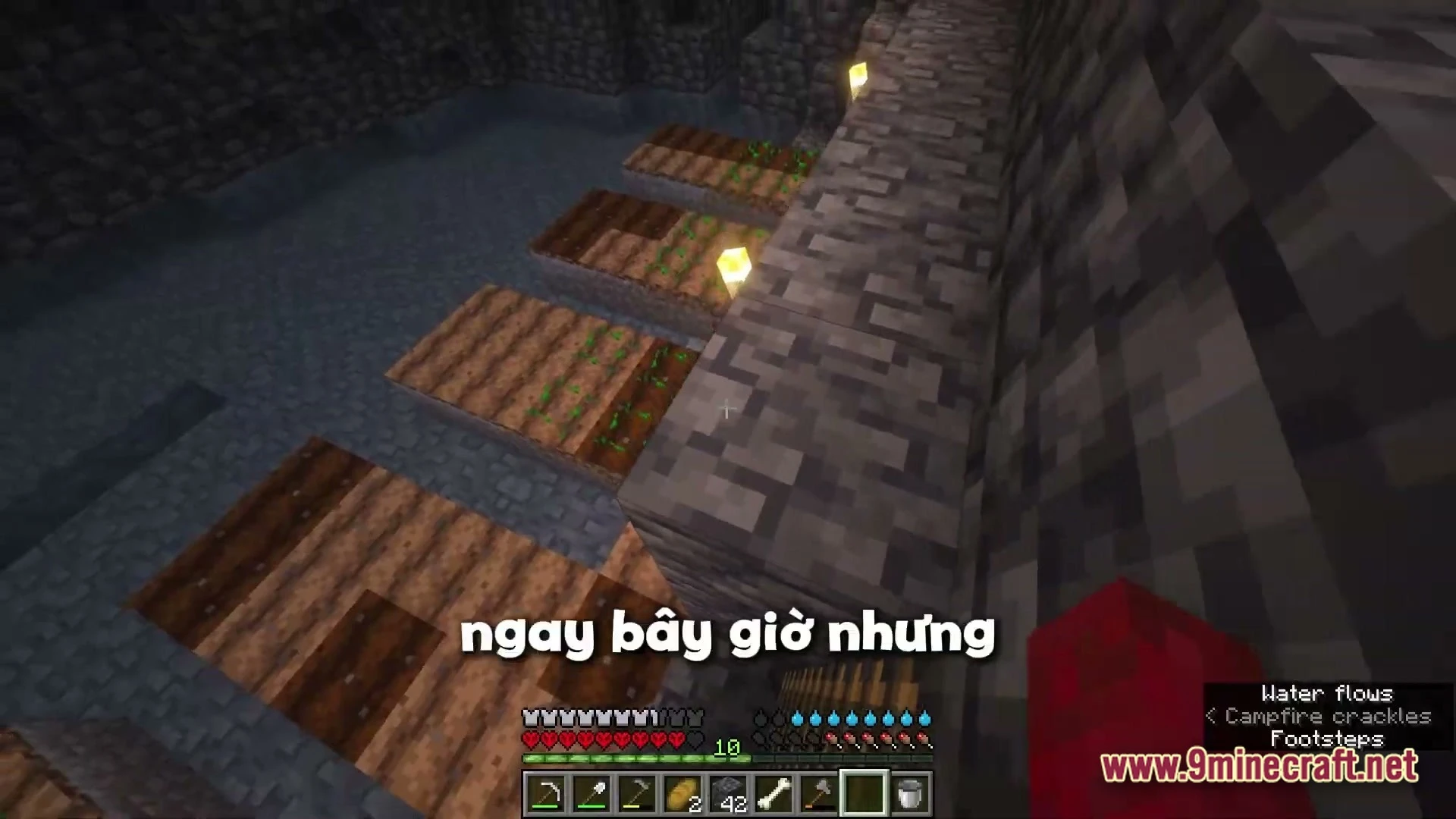 Titan Questline Apex Modpack (1.21.1) – Scorching Sun Hardcore Survival 6 Small underground farm plots with crops growing on tilled soil surrounded by stone walls and water