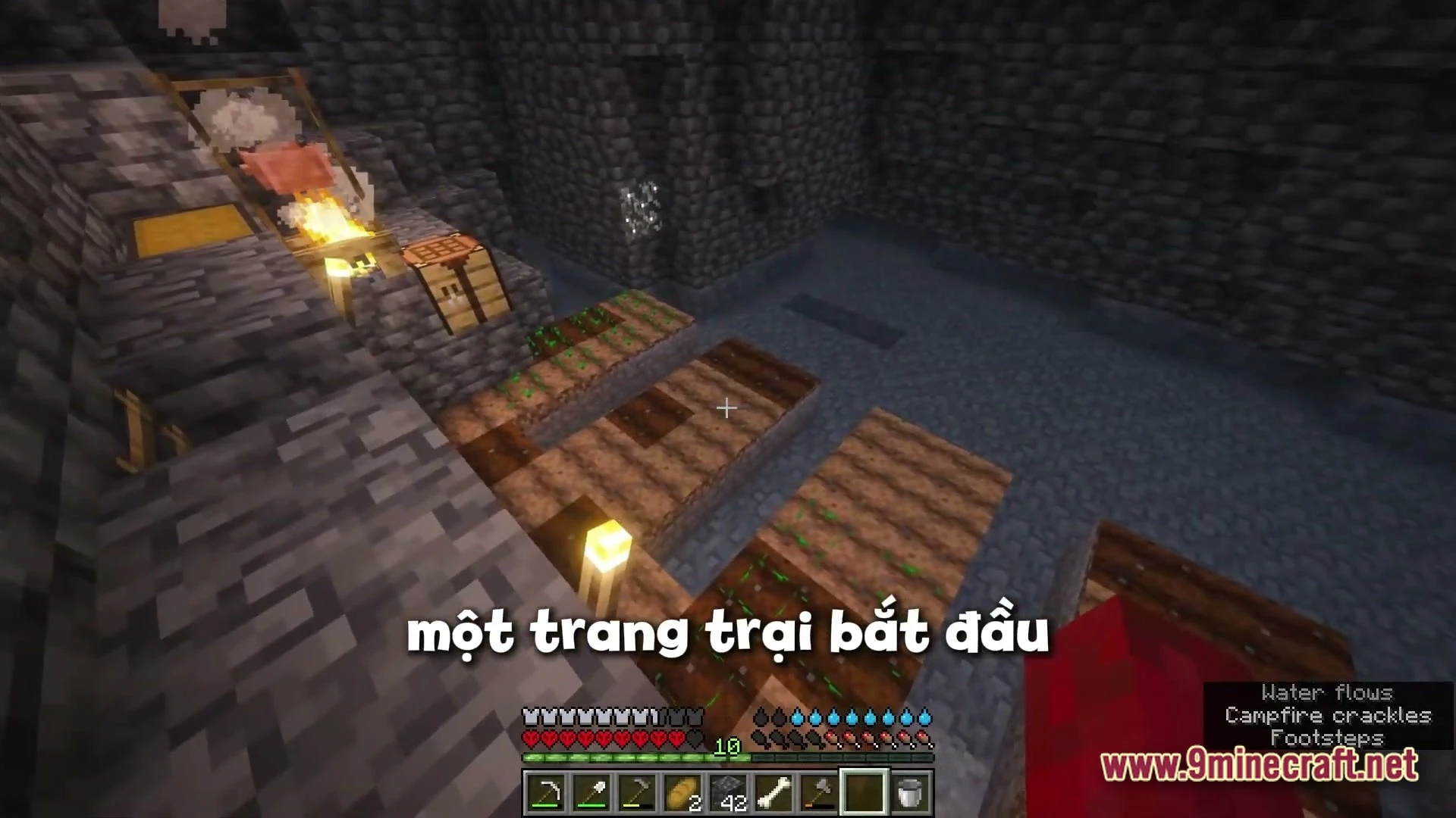 Titan Questline Apex Modpack (1.21.1) – Scorching Sun Hardcore Survival 7 A subterranean base featuring a small crop farm, a campfire with food, and a crafting table